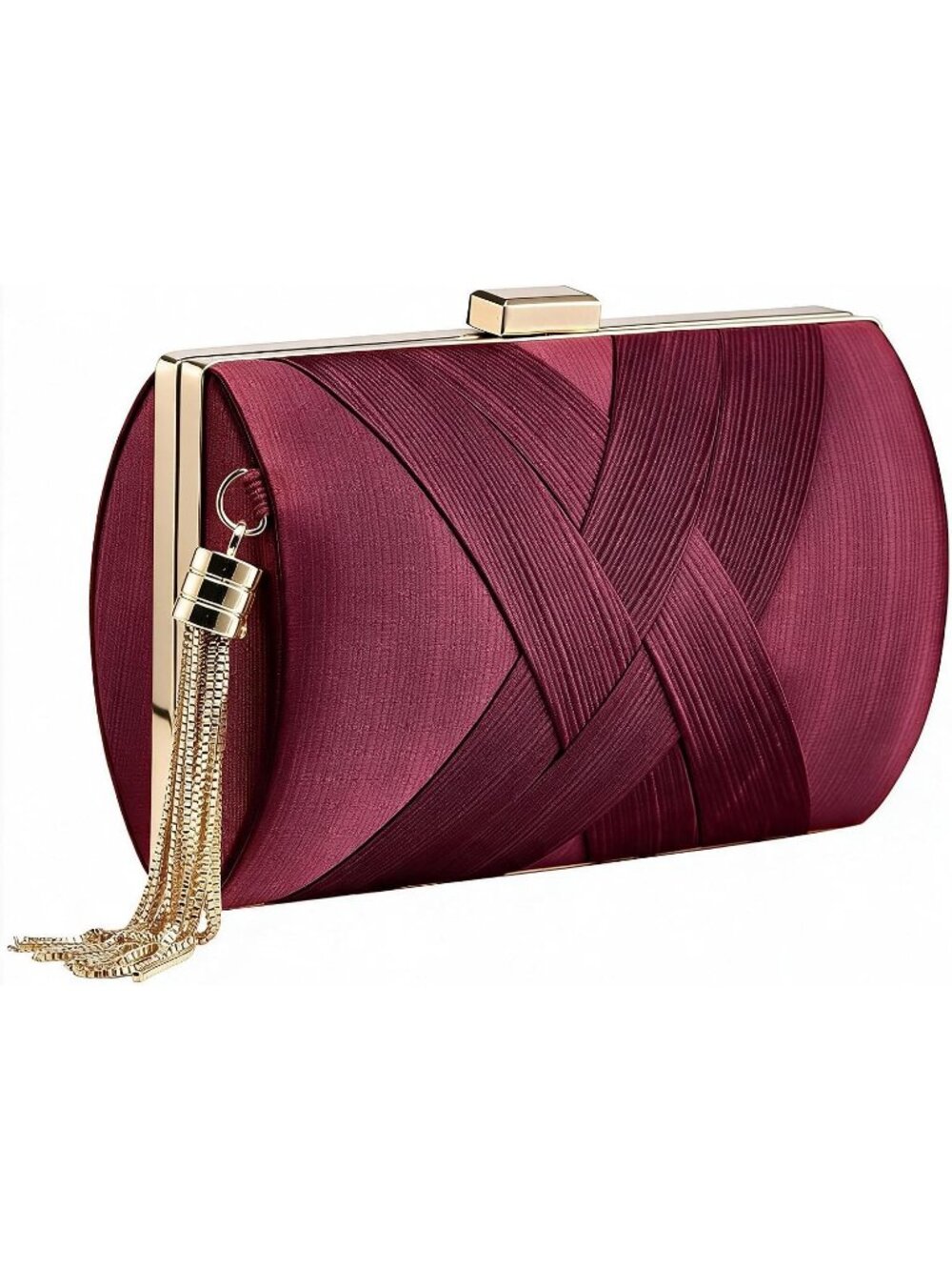 Women's Claret Silk Satin Clutch Purse Pearl Tassel With Chain Evening Bag